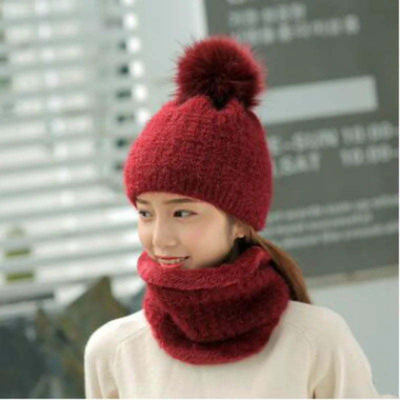 Теплая зимняя женская шапка шарф маска skullies beanie искусственный мех помпон шерсть