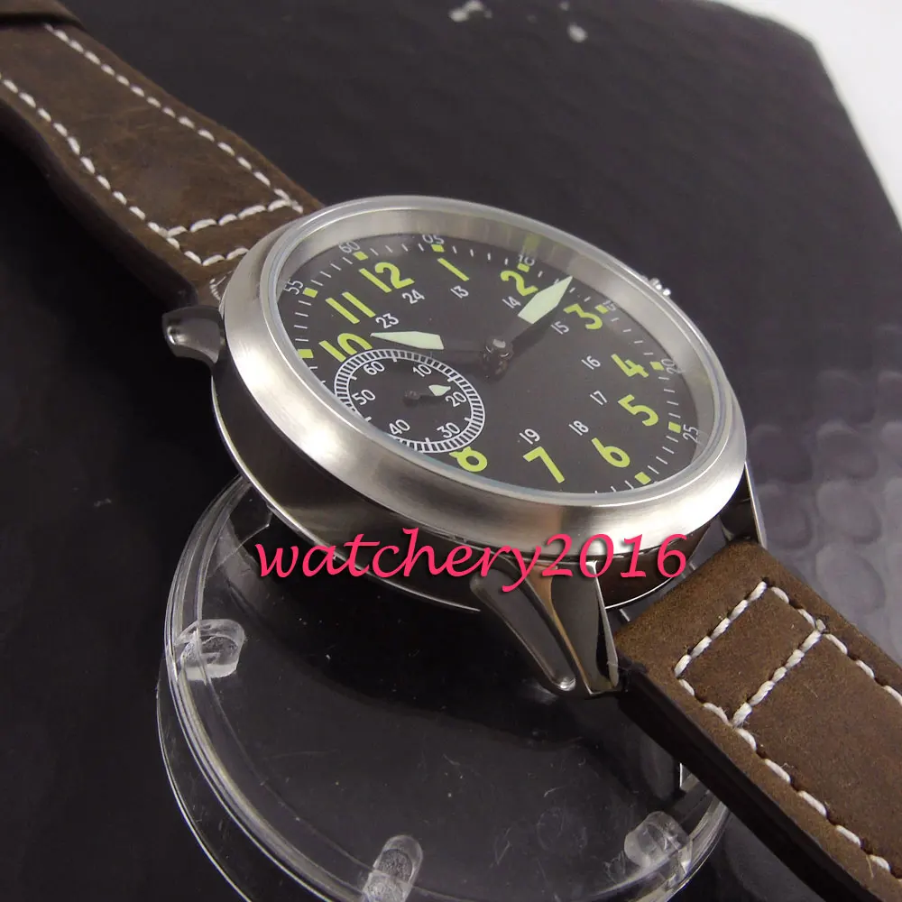 Brushed 45mm Parnis black dial yellow numbers Newest Stainless steel case 17 jewels 6497 hand winding movement Men's Watch | Наручные