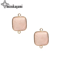 19mm natural stone charms pendant big pink flat square stone double hole connector floating charms for diy jewelry accessories