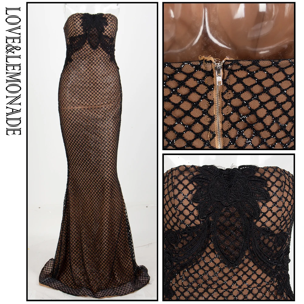 Женское длинное платье LOVE &amp LEMONADE черное кружевное в клетку модель LM1338 | Женская