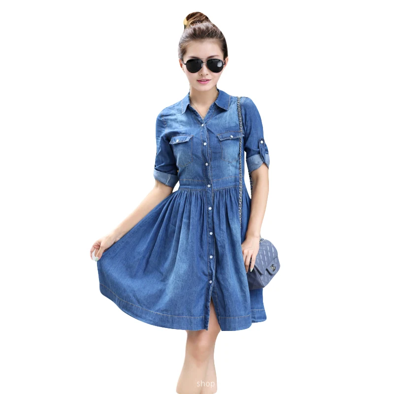 Летнее джинсовое платье с отложным воротником новинка 2017 милое короткое для