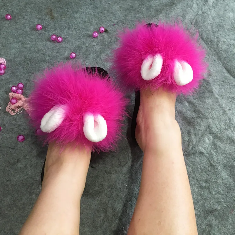 Женские шлепанцы с заячьими ушками и перьями страуса Летние мехом сандалии
