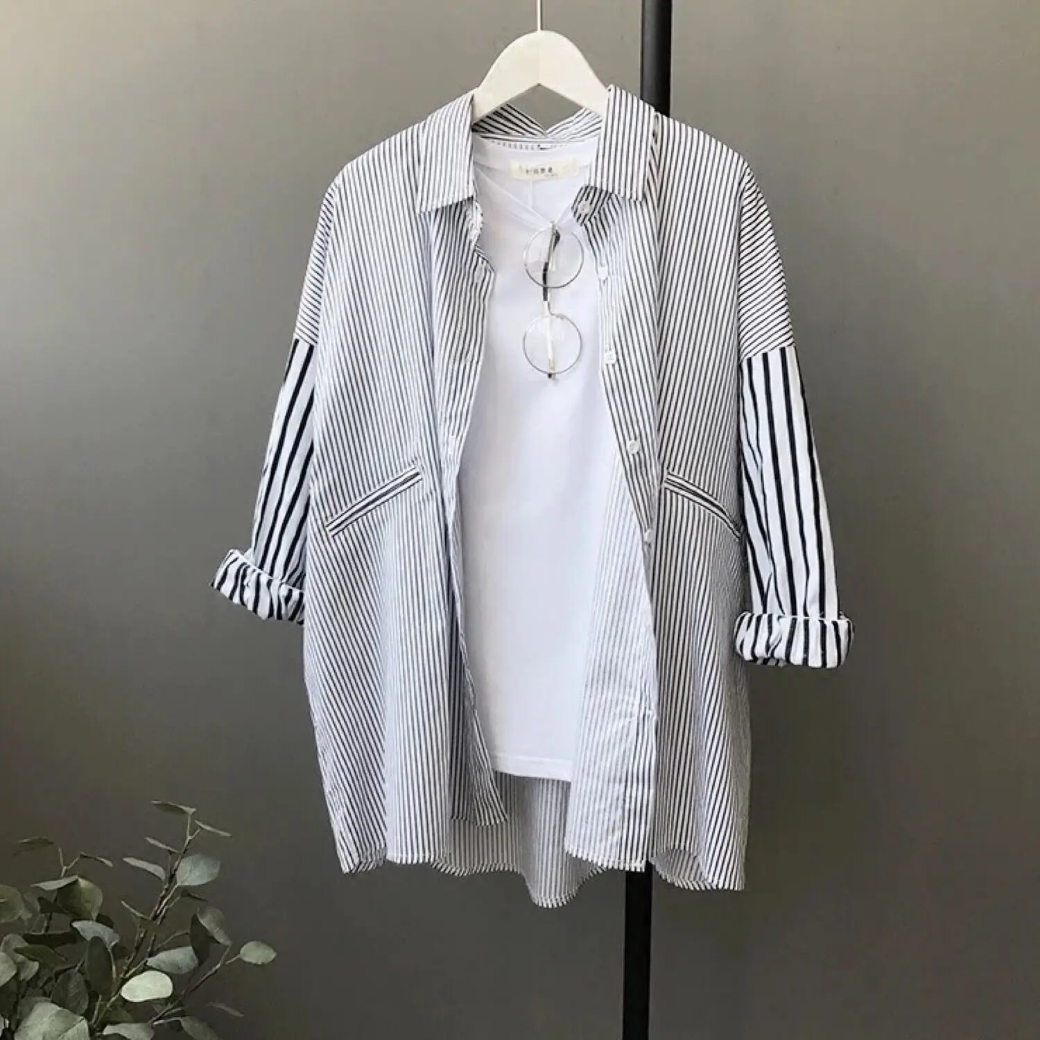 

2018 Spring Autumn Plus Size Striped Blouses Women Casual Loose Patchwork Cotton Long Shirts Girls All Match Korean Student Tops