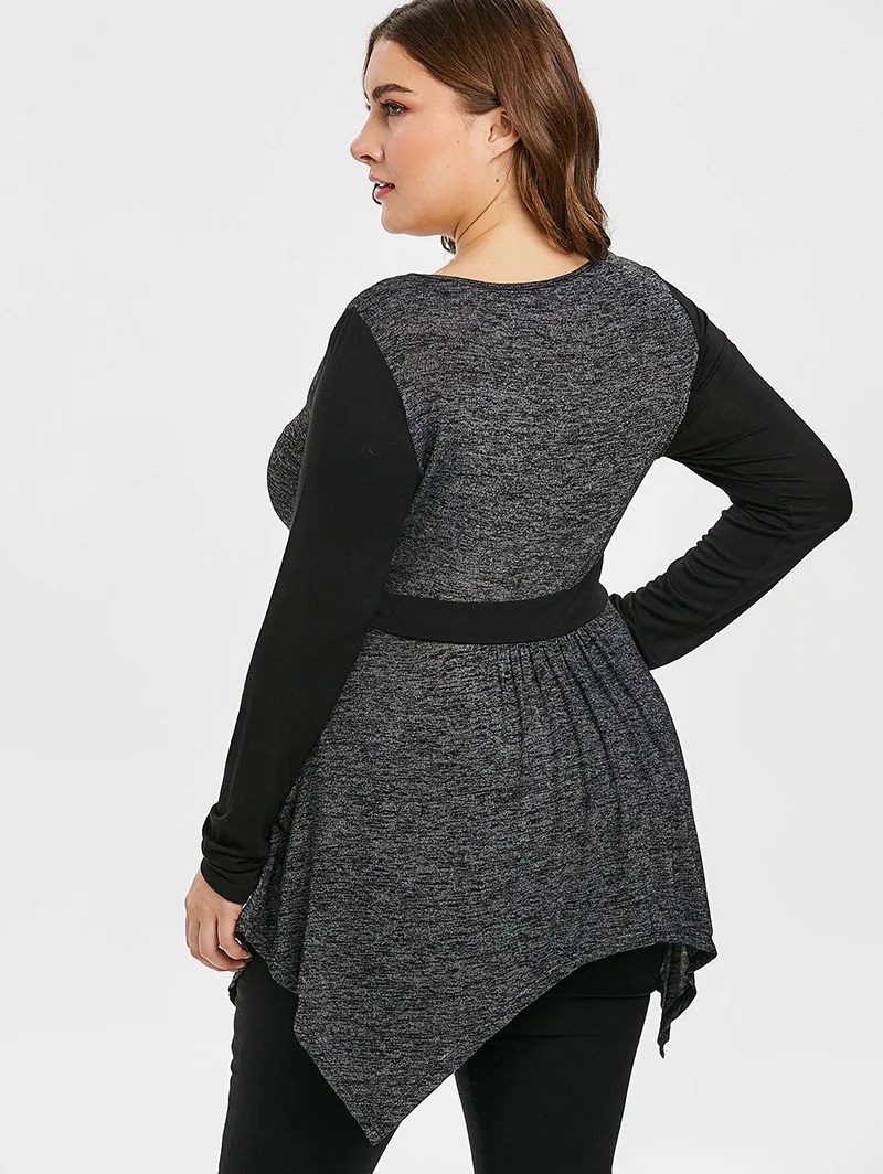 PlusMiss размера плюс XXXXXL вырезать контраст Туника Футболка XXXXL XXXL XXL Для женщин с длинными рукавами на осень, Винтаж футболка популярной модели, большие Размеры