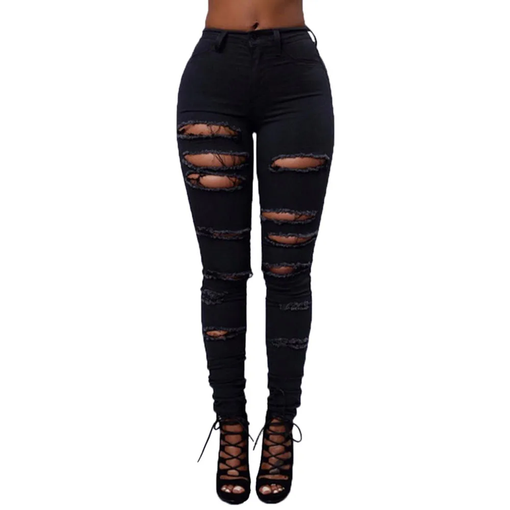 Fashion Women Mid Waisted Skinny Hole Denim Jeans Stretch Slim Pants Calf Length 9.7 | Женская одежда