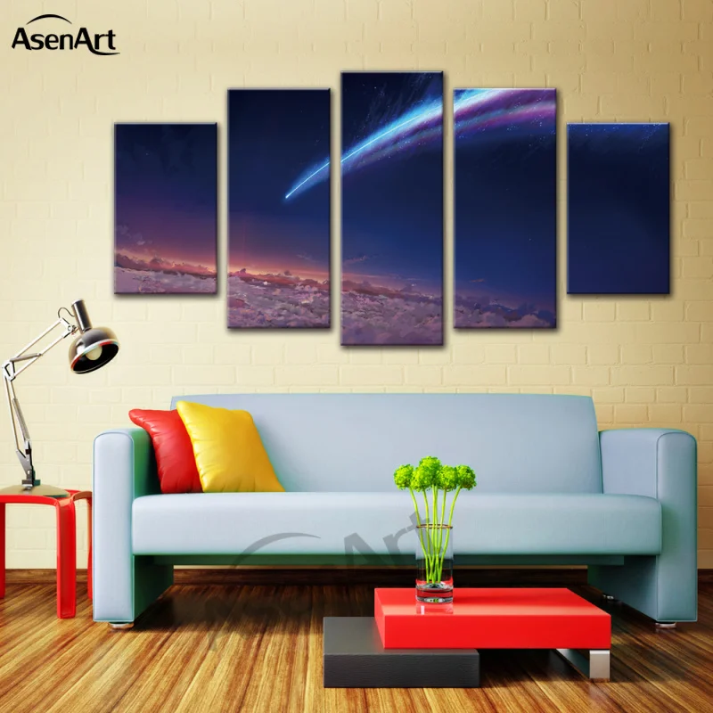 Аниме Распыление красок 5-ти панельная картина на холсте Япония Фильм "Твое имя" Современный постер Печать в рамке Картина на стене предметы декора для дома.