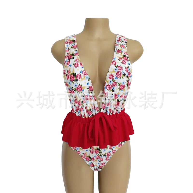 S-XL New 2018 Manufacturers Swimwear Ruffled Large V-neck Bow Sexy Ladies Bathing Suit One-piece Swimsuit 4 Color Spot SW140 | Спорт и