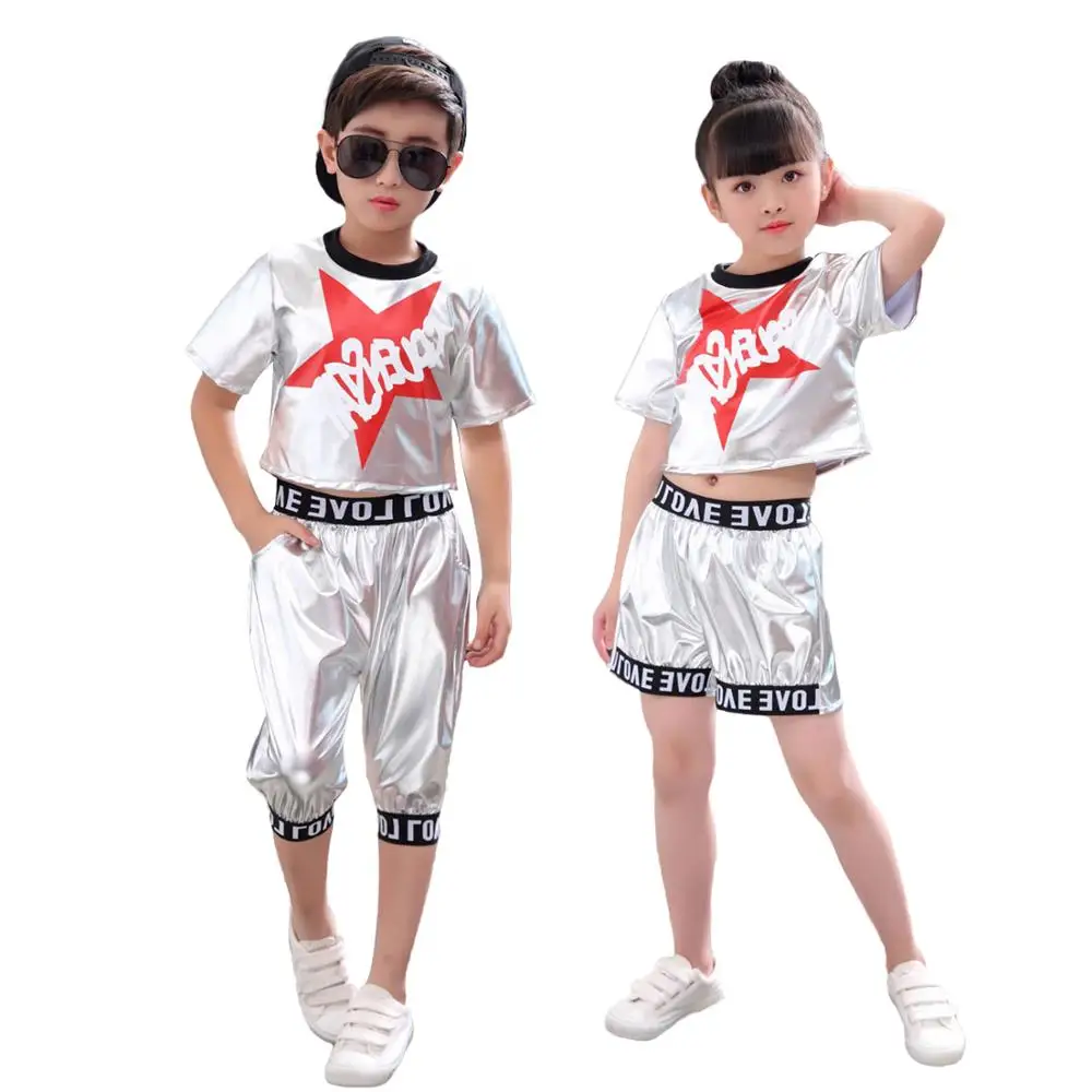 

Lolanta Boys Girls Silver Jazz Costume Street Dance Stage Performance Letter Print Sets 3-12 Years