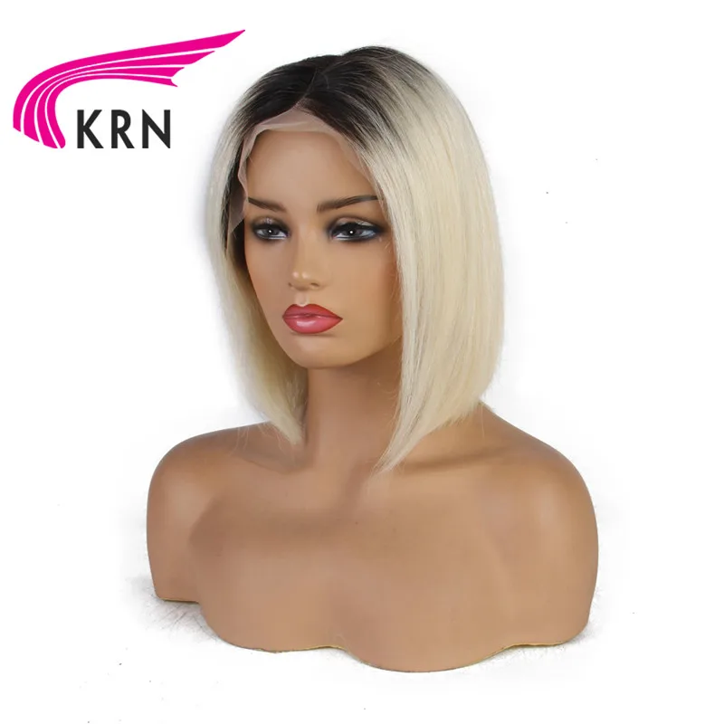 KRN 13x6 Синтетические волосы на кружеве парик, короткая стрижка 1B/613 эффектом деграде(переход от темного к светлые прямые HD бразильских человеческих Волосы remy предварительно вырезанные средней длины парик для Для женщин
