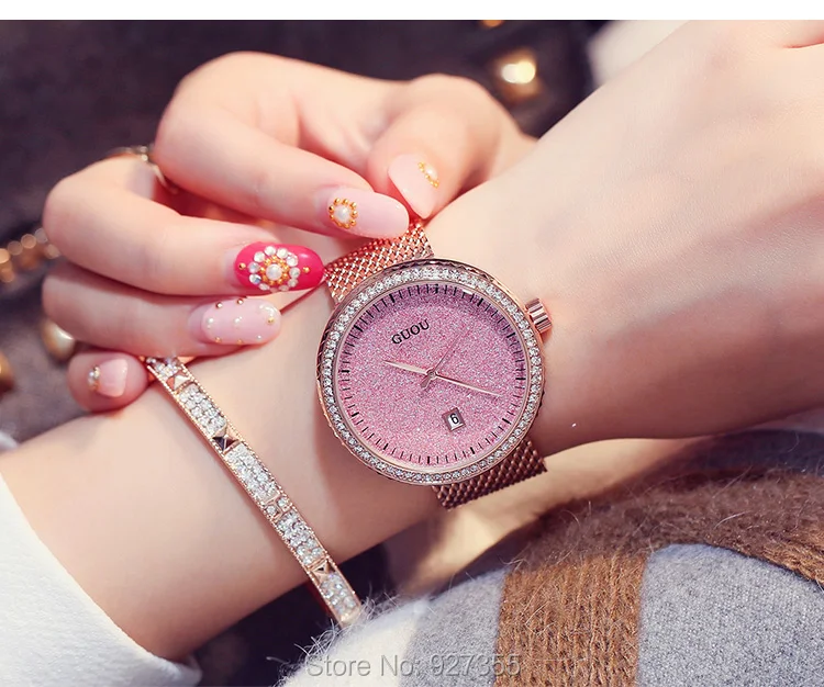 Женские Наручные Часы GUOU стильные часы под платье Небесно Голубой Кристалл