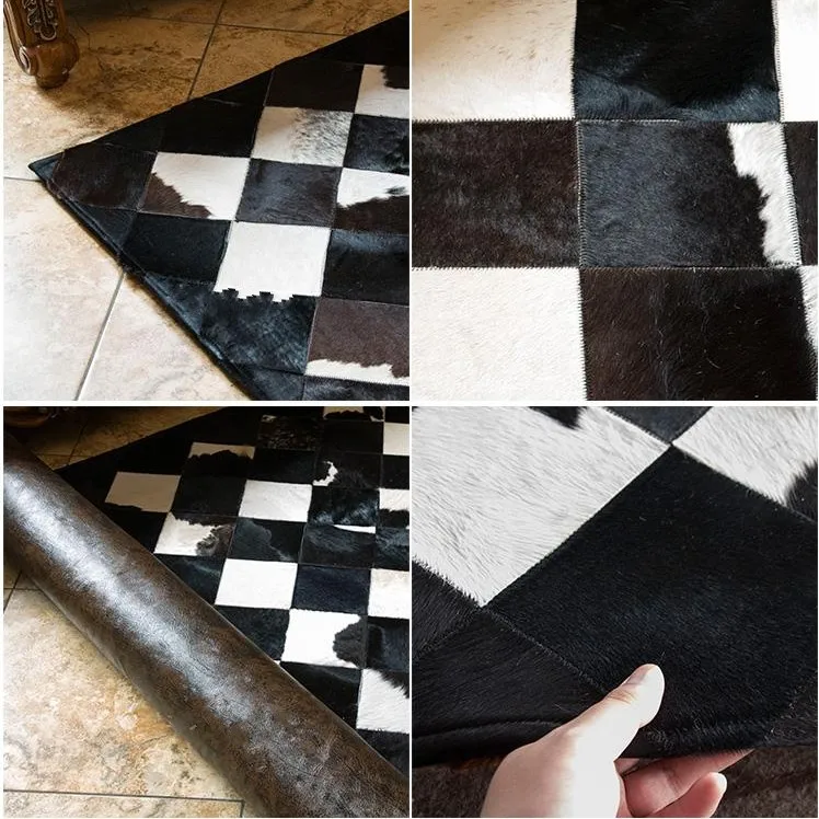 

luxury cowhide seamed rug ,140*200cm modern natrual black and white cowskin chequer carpet for living room decoration