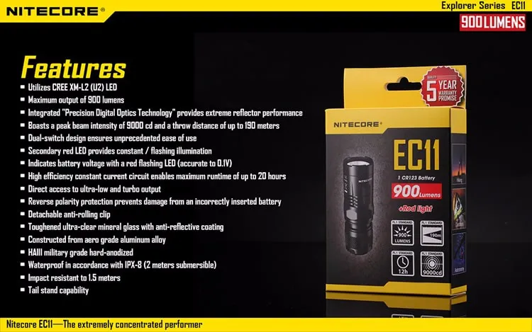 NITECORE EC11 XM-L2 U2 светодиодный фонарик 900 люмен Водонепроницаемый спасательный поисковый фонарь для пеших прогулок портативный велосипедный Кемпинг