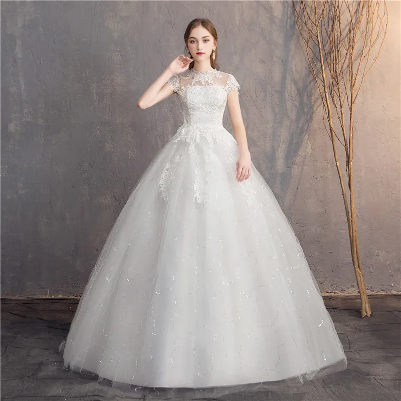 

2023 New Arrival EZKUNTZA Short Sleeve Wedding Dress Lace O-neck Lace Up Ball Gown Princess Vintage Wedding Dresses