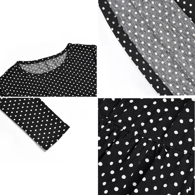 Uvkkc Women Dress Autumn Boho Fashion Femme O-Neck Dot Ruffles Pocket Long Sleeve Vintage Cotton Casual Midi Dresses For | Женская