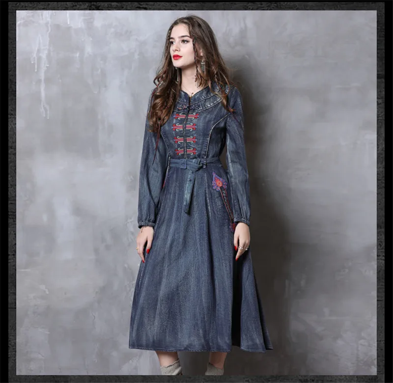 OMIKRON Boho, новинка, женское Синее джинсовое платье, Vestidos, рукав-фонарик, а-силуэт, женское платье, элегантное винтажное платье с вышивкой