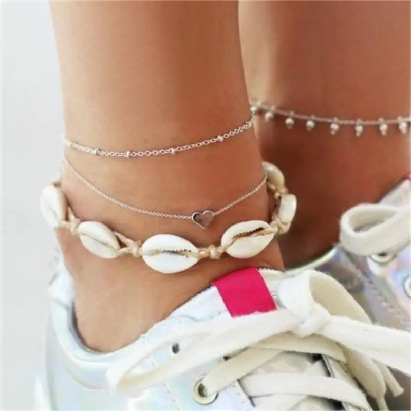 3 шт./компл. простые кожаные ножные браслеты в форме сердца с плетеной веревкой