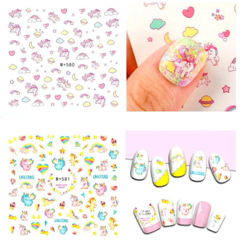 2 листа наклейки для ногтей в виде единорога Kawaii Nailart воды ярко-розовый деко