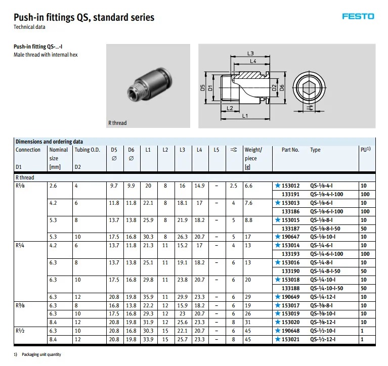 QS-1/4-4 QS-1/4-6 QS-1/4-8 QS-1/4-10 QS-1/4-12 FESTO фитинги пневматические компоненты инструменты соединитель трубы соединения QS серия
