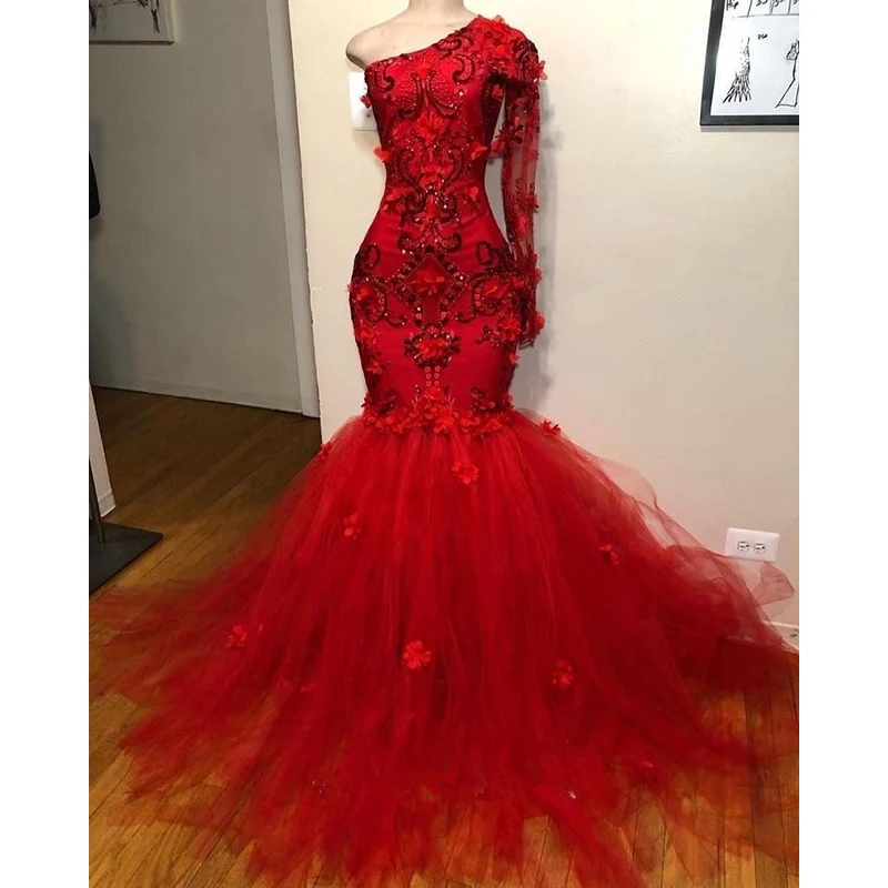 

Red One Shoulder Mermaid Prom Dresses 2019 New Tull Lace Applique Flowers Crystal Floor Length Formal Evening Dress Party Gowns