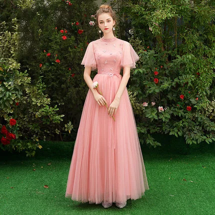 SSYfashion, элегантные, короткие рукава, шнуровка сзади, длина до пола, длинные шифоновые платья подружек невесты, на заказ, свадебные платья для женщин - Цвет: pink