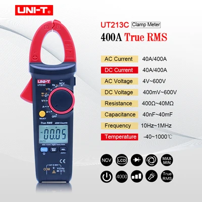 Строкомер UT213A/B/C 400A, измеритель зажимов, для измерения напряжения, сопротивления, емкости, температуры, бесконтактного напряжения, переменного/постоянного тока, с функцией фонарика