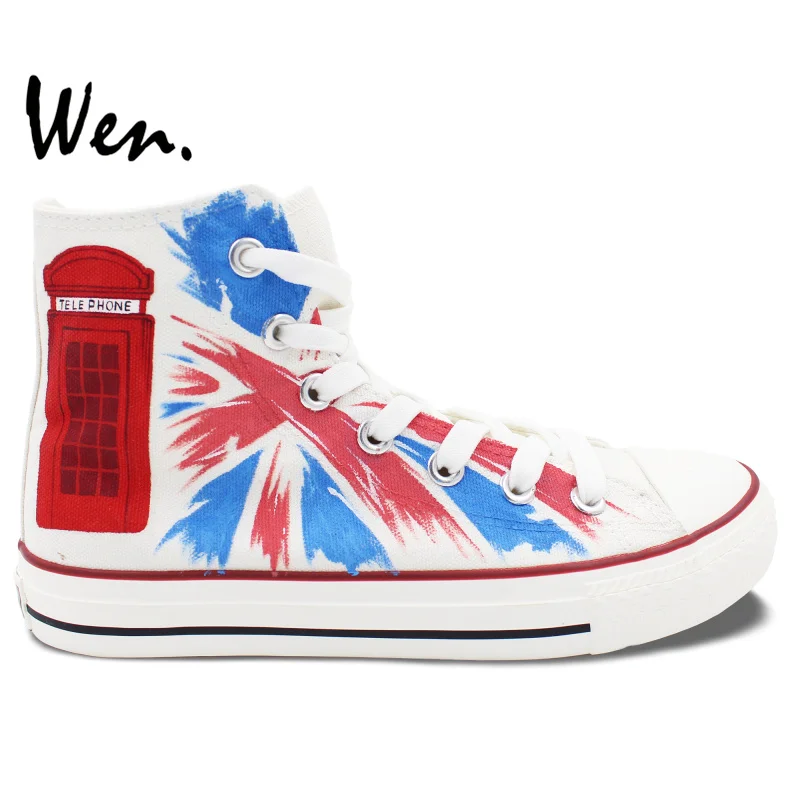

Wen Original Hand Painted Canvas Shoes Design Custom UK Flag Telephone Booth High Top Men Women's Canvas Sneakers