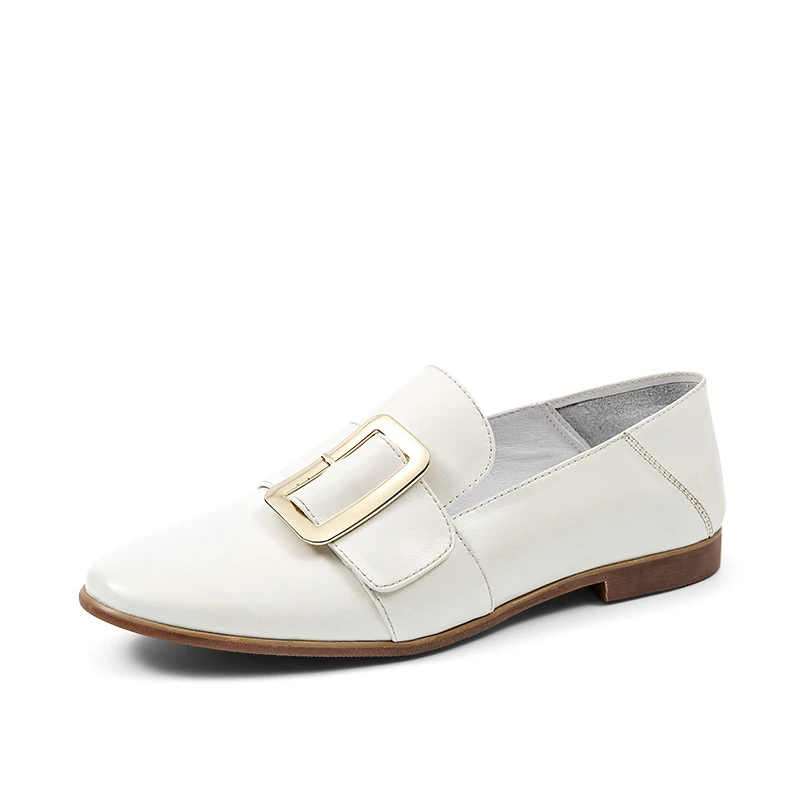 Calfskin Beige Beau Today/женские лоферы из натуральной кожи с металлической пряжкой; слипоны с круглым носком на плоской подошве; женская модельная Повседневная обувь; ручная работа; 27036 - Цвет: Calfskin Beige