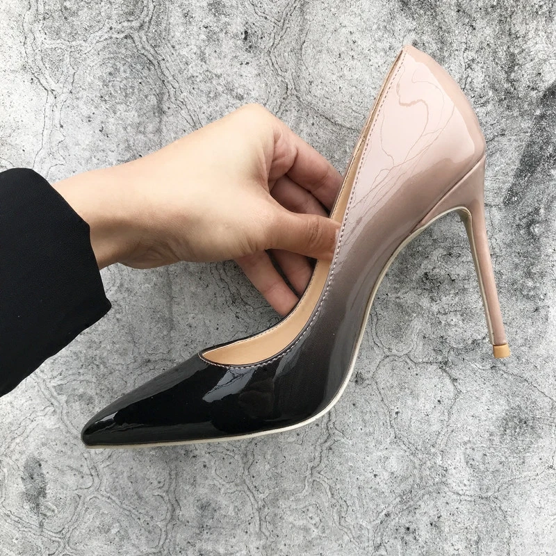 2021 free shipping Women black Gradient Patent Leather Poined Toe Stiletto high heel shoe pump HIGH-HEELED SHOE Wedding shoes | Обувь
