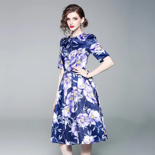 Элегантное платье Vestidos, подиумная мода, повседневное весеннее платье, рукава до локтя, длинное фиолетовое платье с цветочным принтом, красивое женское синее длинное платье