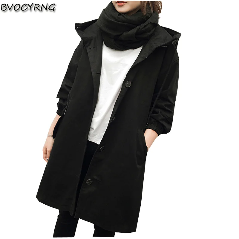 

New Women Spring Autumn Coat Fashion Big Yards Windbreaker High Quality Loose Jacket Female Hooded Long Elegant Outerwear Q492