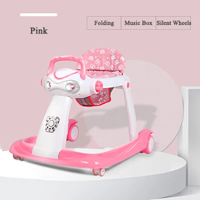 Babysafe folding baby walker anti-rollover music 6/7-18 months children's walker can sit can push - Цвет: Pink