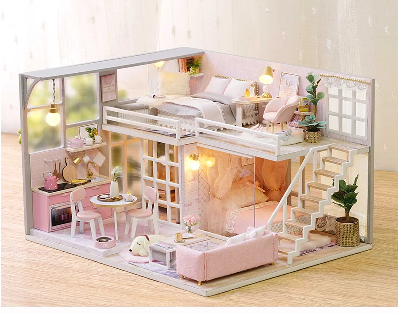 Diy Миниатюрный Кукольный дом наборы для сборки девочек розовый Лофт 3D Деревянный кукольный домик со светодиодной мебелью пылезащитный чехол головоломки игрушки для детей