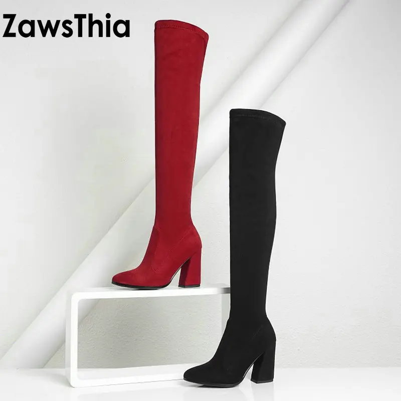 ZawsThia/ г. Эластичная Женская весенне-зимняя обувь из эластичной ткани с острым носком ботфорты на высоком квадратном каблуке женские ботинки