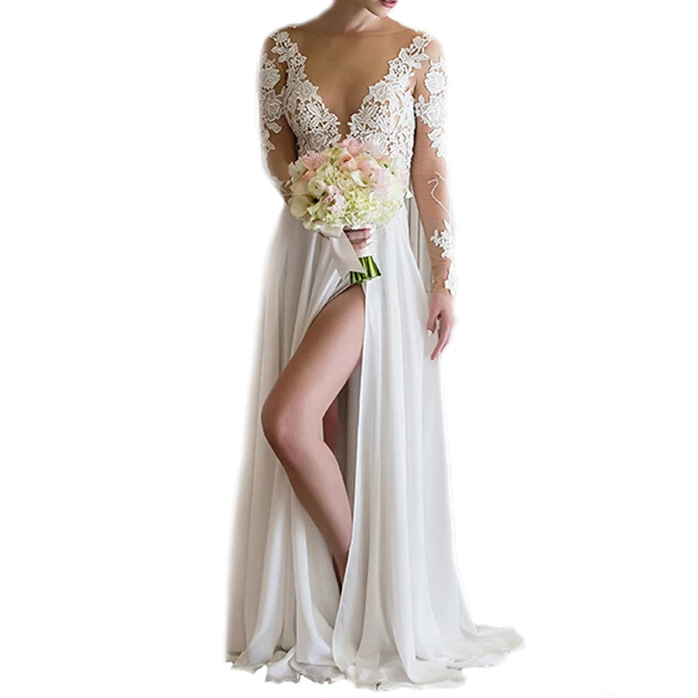 ADLN свадебное платье с длинным рукавом с высоким разрезом Vestido De Novia Совок Сексуальная Иллюзия корсета шифоновые пляжные свадебные платья по индивидуальному заказу