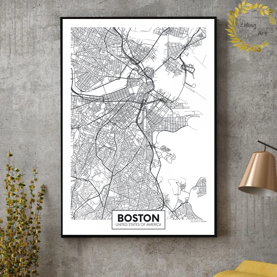 США Атланта Бостон Лос-Анджелес Филадельфия карта Нью-Йорка белая холщовая