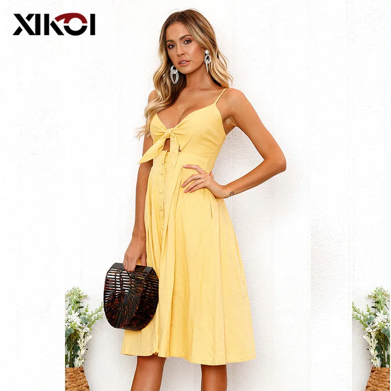 XIKOI Causal Backless Summer Dress Hollow Out Bow Midi Women Female Spaghetti Strap Sundress Print Button 2021 vestidos | Женская одежда