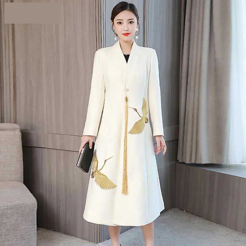 2019 Новая женская шерстяная куртка осень зима высокое качество вышитые длинные