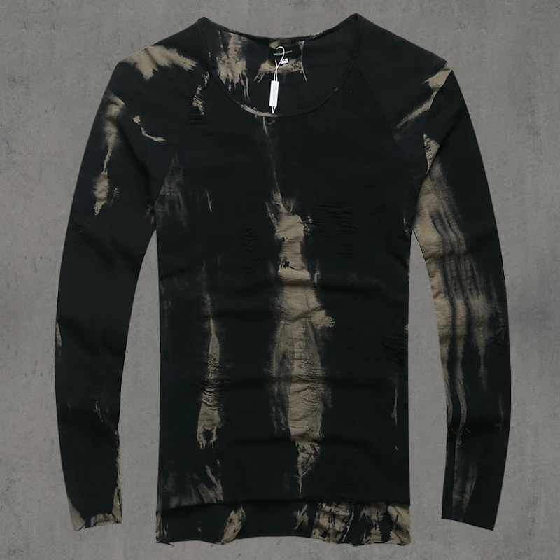 Хлопок Длинные рукава футболка мужская новинка 2016 темно-зеленый Tie-Dye стильный