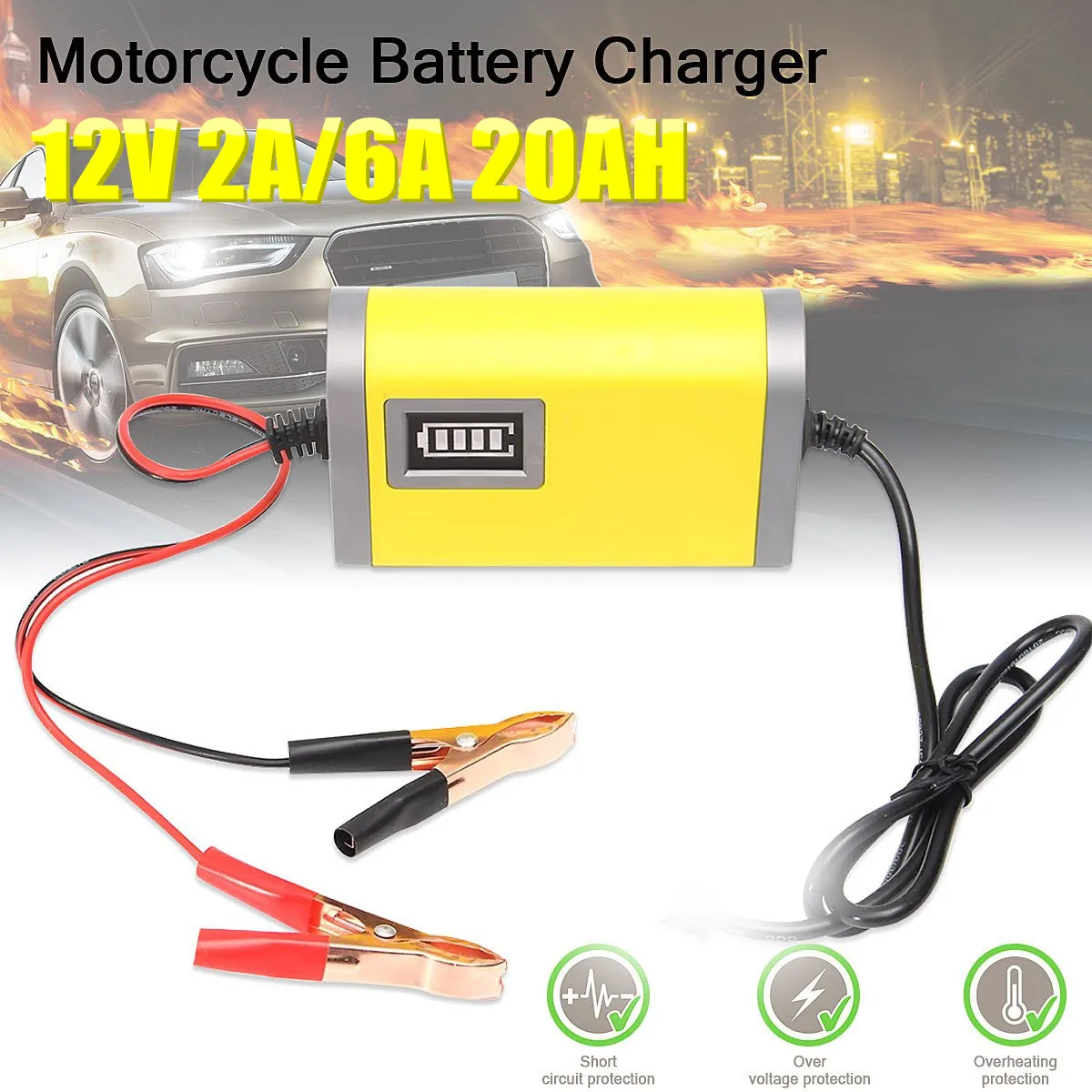

Зарядное устройство для мотоцикла, автомобиля, 2 а/6 А, 12 В, 110 В/220 В, вход US/EU, 20 Ач, умный светодиодный желтый, полностью автоматический для мот...