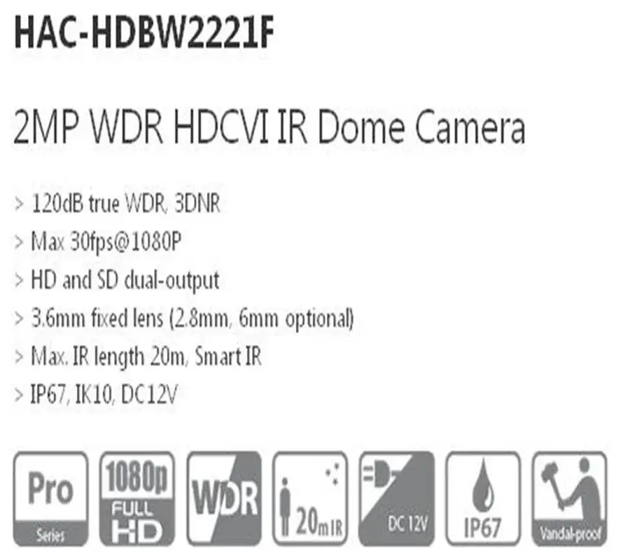 Новый оригинальный Dahua hac-hdbw2221f Max 30fps @ 1080 P 2.8 мм объектив с фиксированным ir20m IP67 IK10