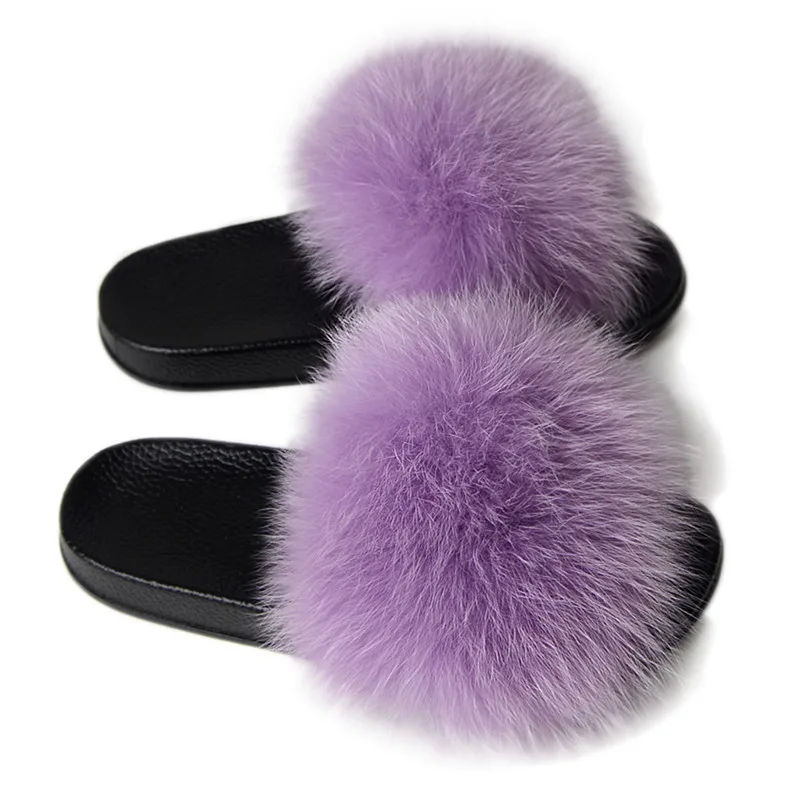 Женские шлепанцы из натурального Лисьего меха летние на плоской подошве высокое