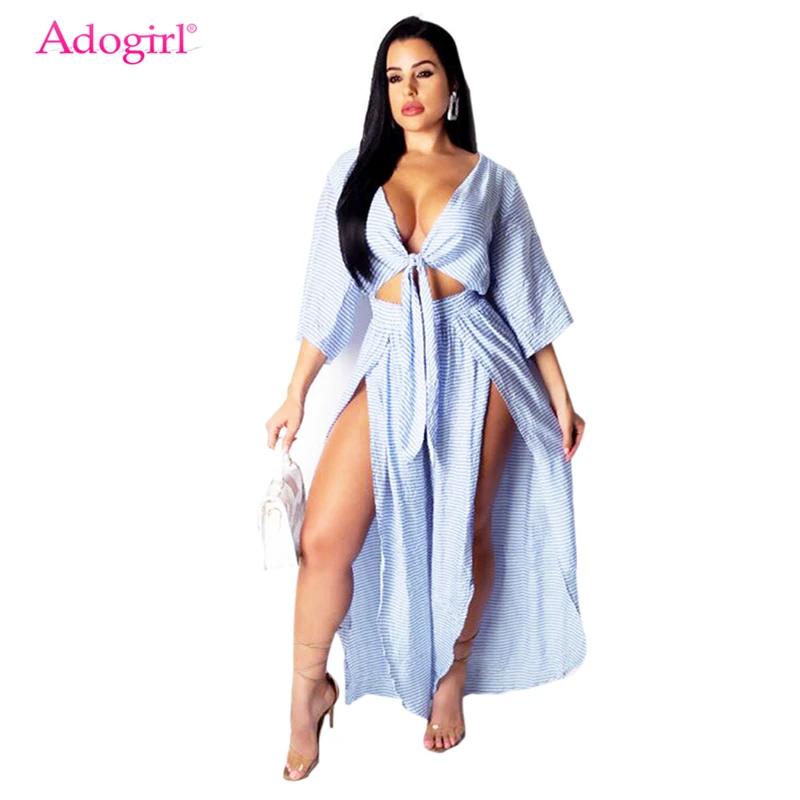 Adogirl/Модный повседневный комплект из двух предметов в синюю полоску рубашка с v