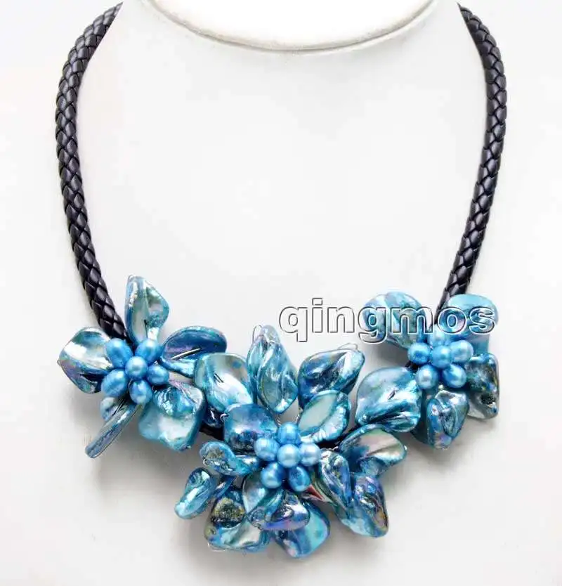 

Big 1 piece 70mm and 2 piece 50mm Bright Blue Baroque Shell Flower and Natural Pearl pendant Black 6mm Rope 18'' Necklace-ne6362