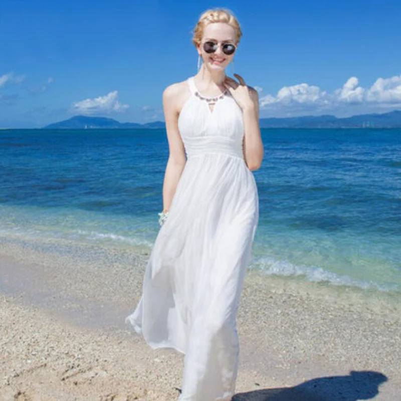 

Women Silk dress Beach dress Shell 100% Natural Silk Elegant White dress O-neck Holiday summer dresses Free Shipping HOT Sell