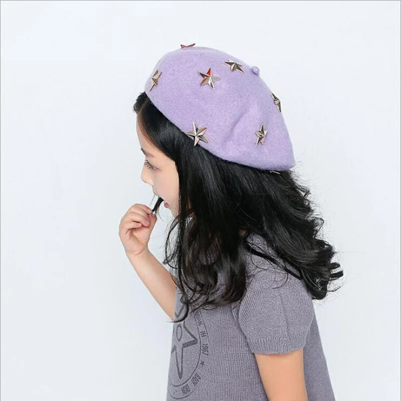 Детский шерстяной берет шапка для девочек милая с пятиконечными звездами из
