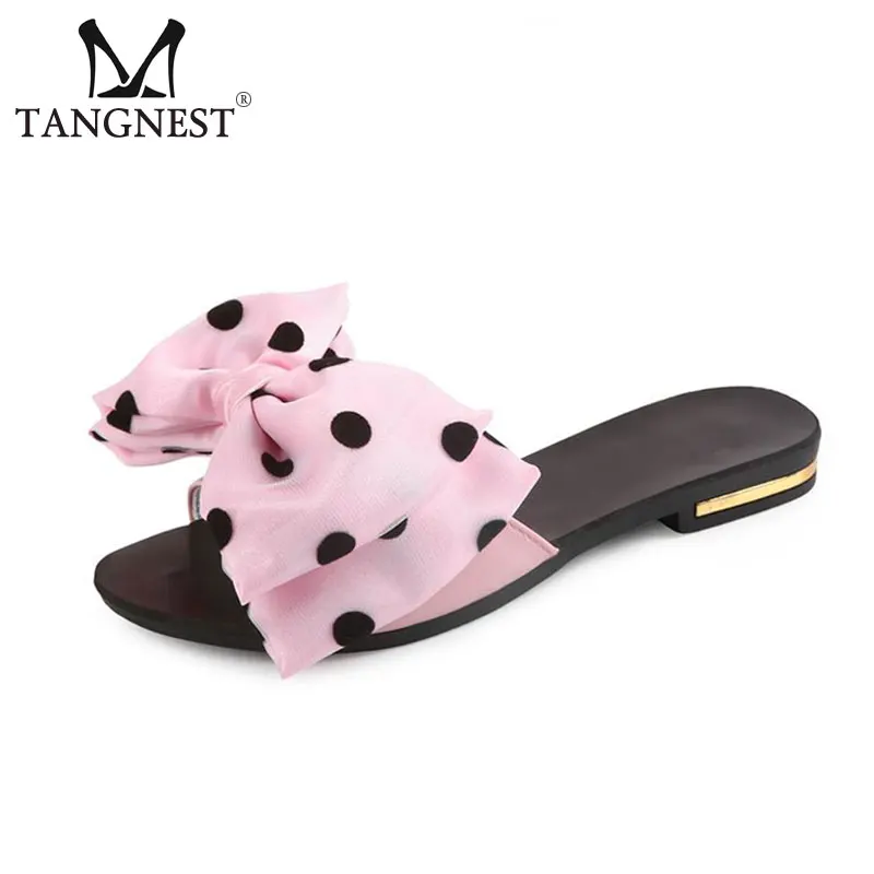 Tangnest/милые Вьетнамки с бантом модные шлепанцы в горошек обувь на плоской подошве