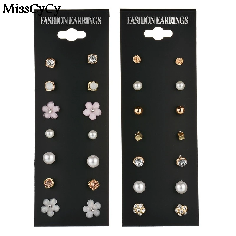Модные аксессуары MissCyCy: серьги-гвоздики с искусственными жемчужинами для женщин, 6 пар в упаковке, украшенные стразами и кристаллами в форме цветов.