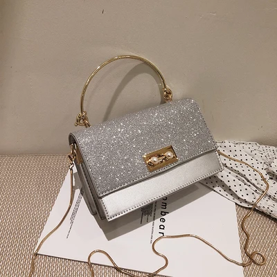Silver Роскошные Брендовые женские сумки с блестками, маленькие золотые цепи, сумки через плечо с клапаном, серебристые, черные, розовые сумки-мессенджеры - Цвет: Silver