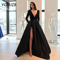 sexy black prom dresses long 2019 a line deep v neck long sleeves high side split evening dress women formal dress party gown