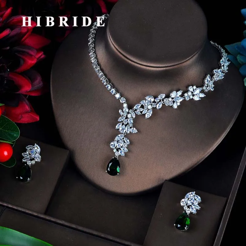 

HIBRIDE Fashion Green CZ Jewelry Sets For Women Flower Design Necklace Earrings Bijoux Set Party Wedding Gift Wholesale N-595